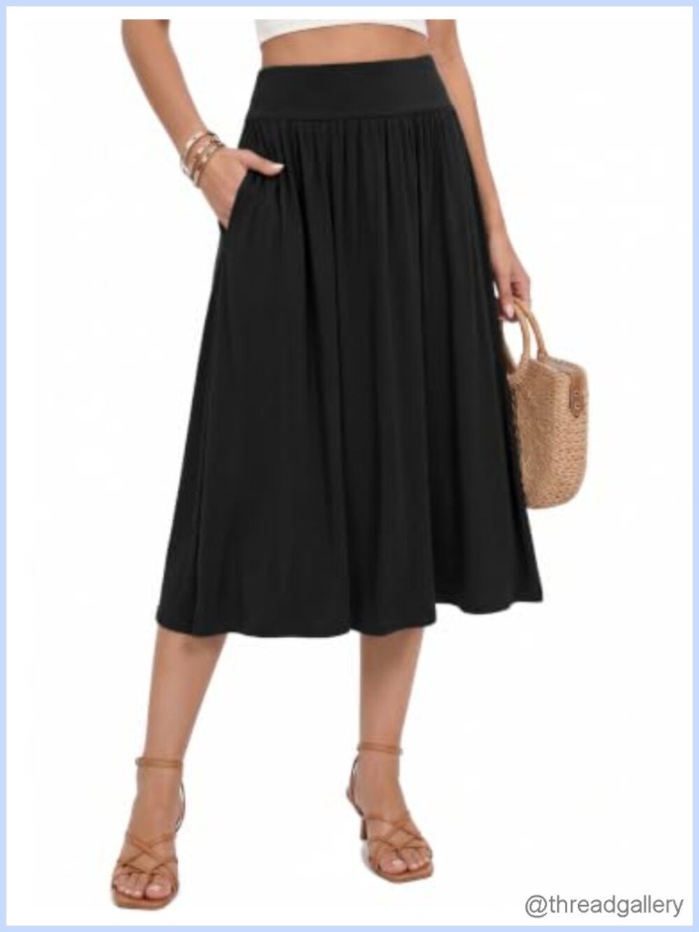 Midi Skirt Wide Waistband Casual with Pockets Rayon Spandex A-Line